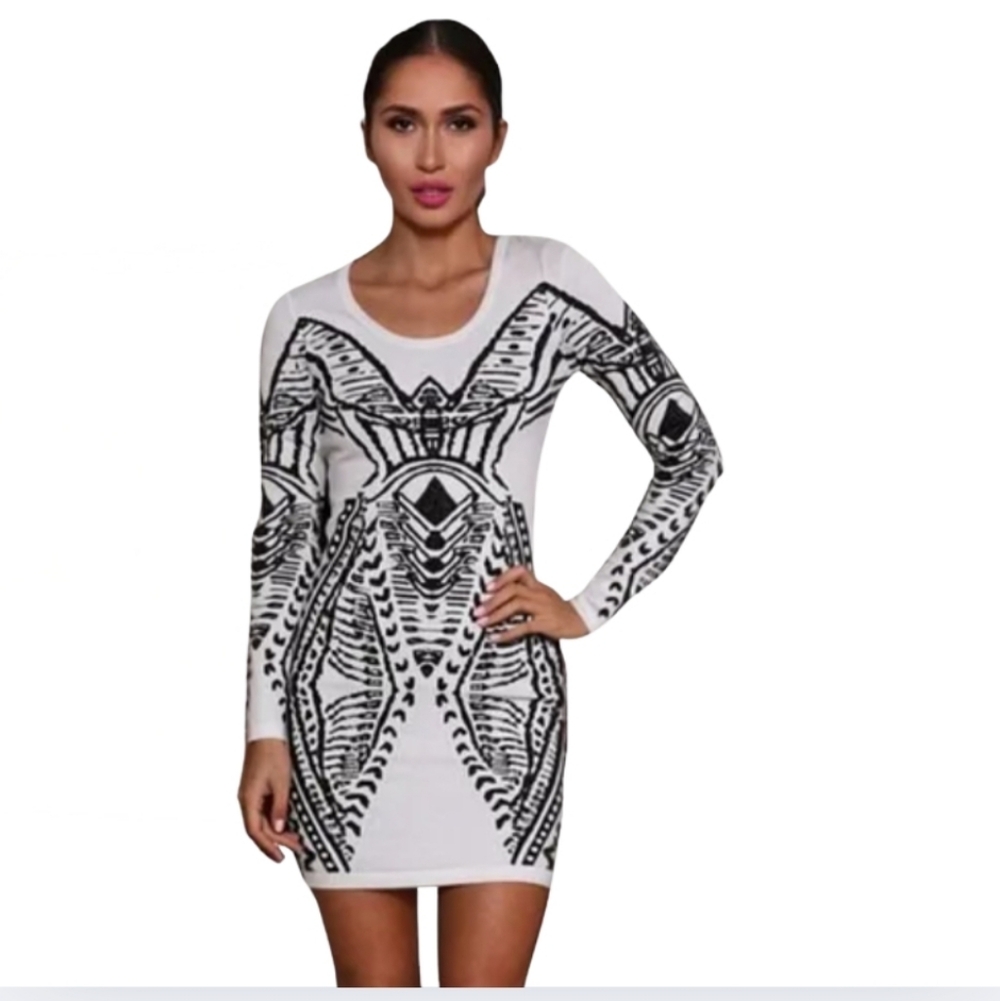 WOW Couture Sweater Dress Large Bloomingdale's  Black/White Jacquard  Bodycon